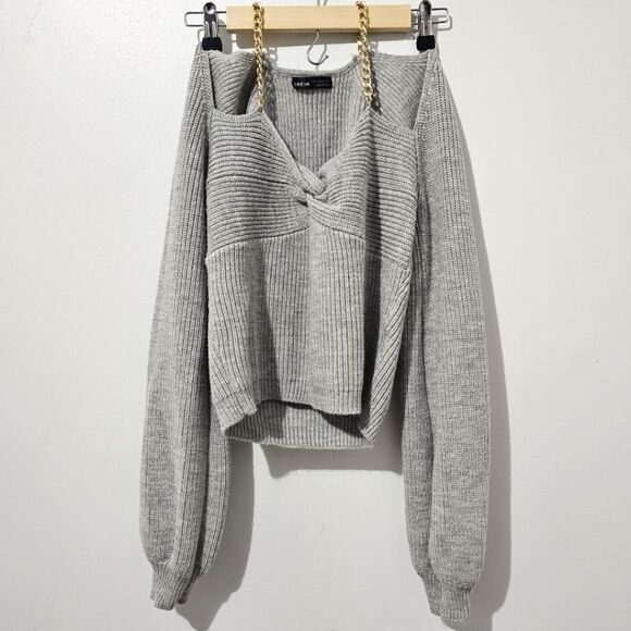 Shein - Blouse Off Shoulder Chunky Knit Chain Strap Sweater - Size L - Gray - Picture 2 of 9